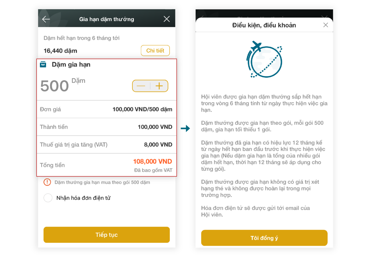 Hướng dẫn gia hạn dặm thưởng trên app 3.