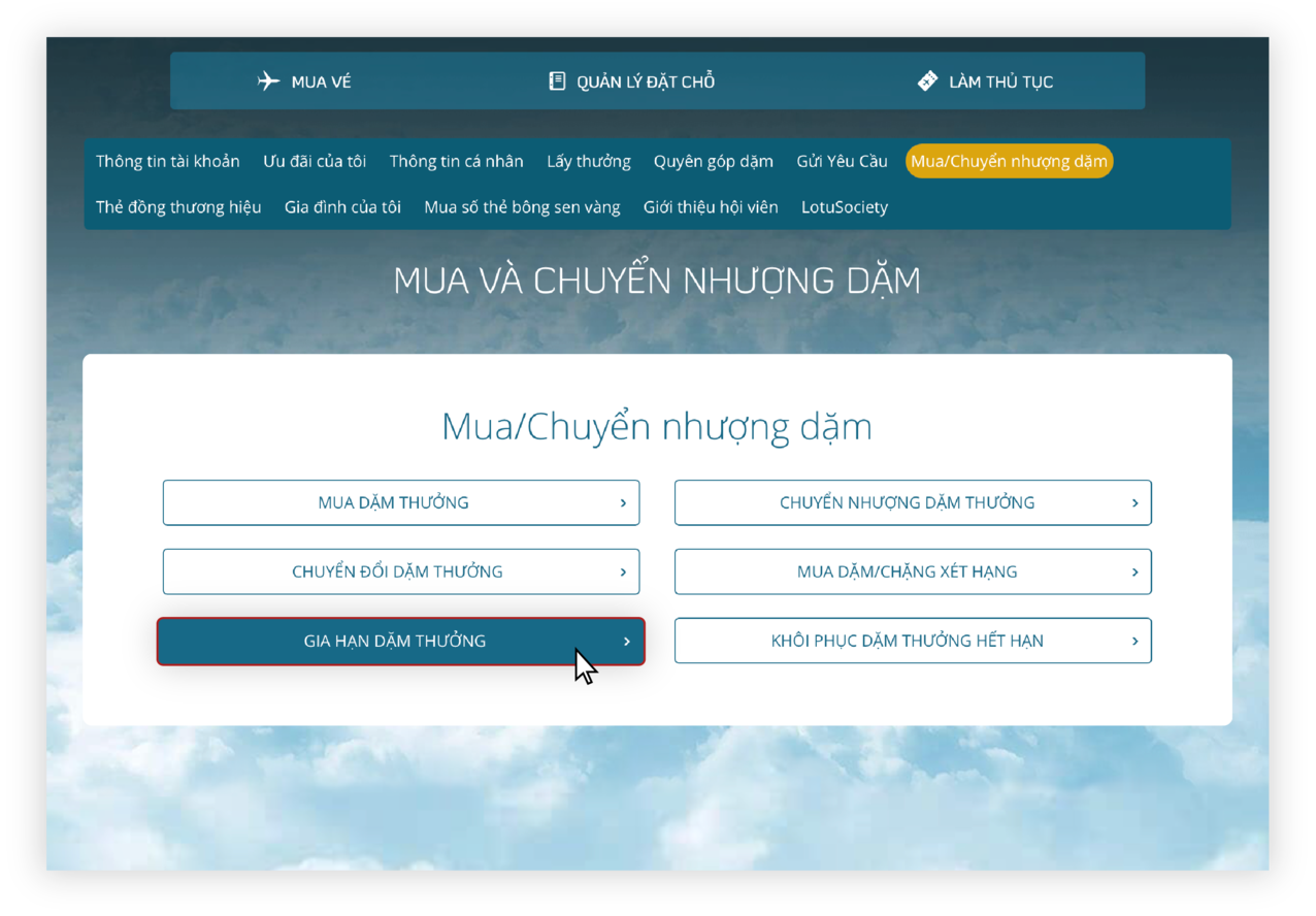 Hướng dẫn gia hạn dặm thưởng trên website 3.