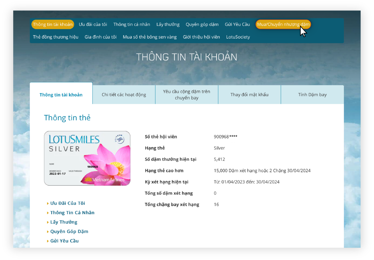 Hướng dẫn khôi phục dặm thưởng trên website 2.